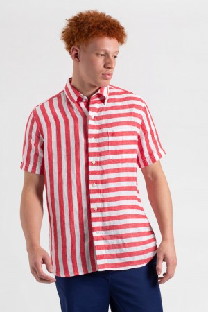 Camisas Ben Sherman B by Ben Sherman Candy Stripe Linen Short Sleeve Rosas Rojas | YITQJLE-29