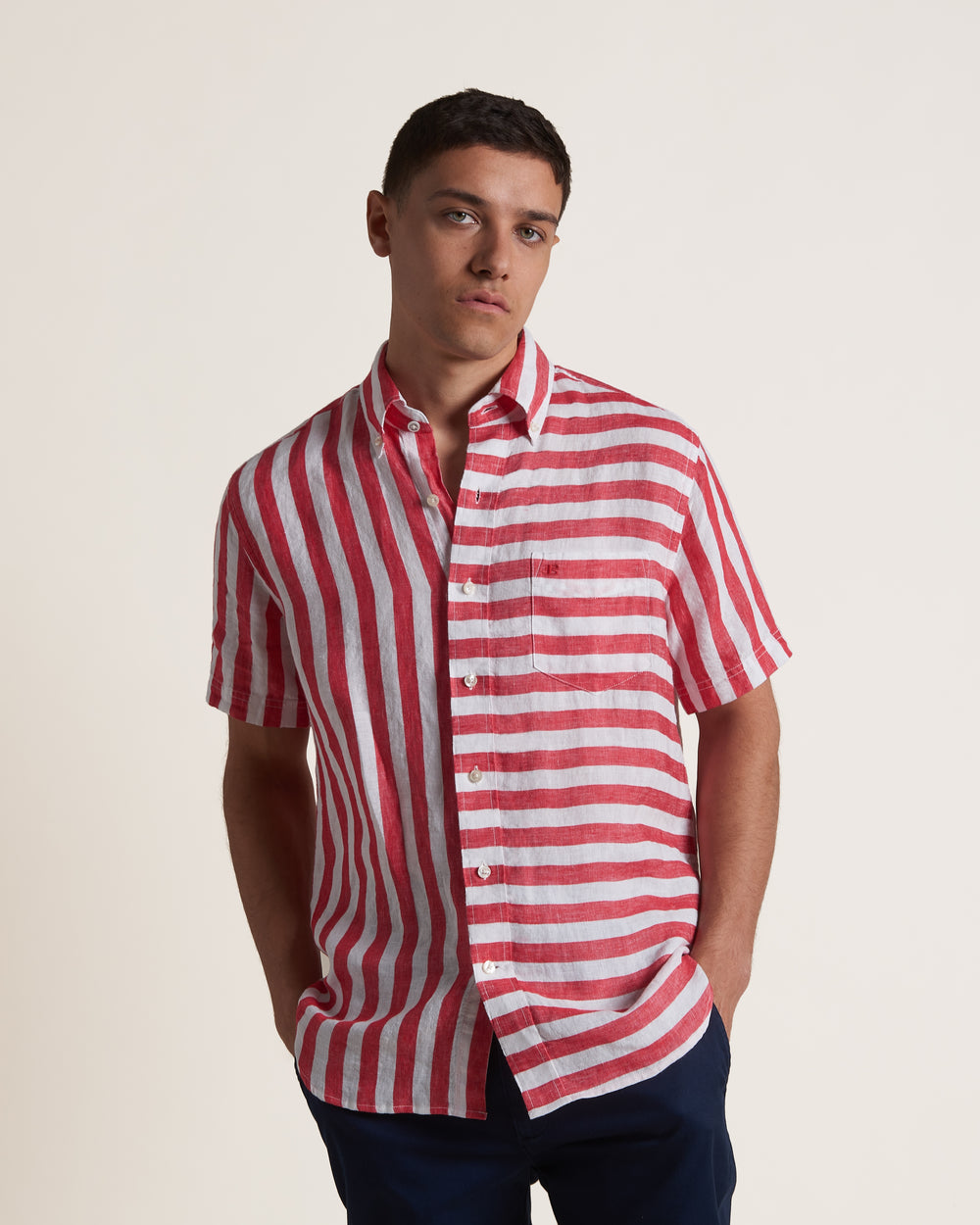 Camisas Ben Sherman B by Ben Sherman Candy Stripe Linen Short Sleeve Rosas Rojas | YITQJLE-29