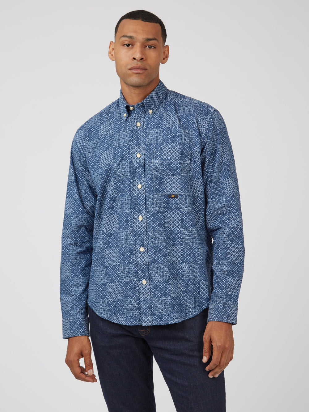 Camisas Ben Sherman Chambray Patchwork Geo Print Long-Sleeve Azules | RCFTUJO-46