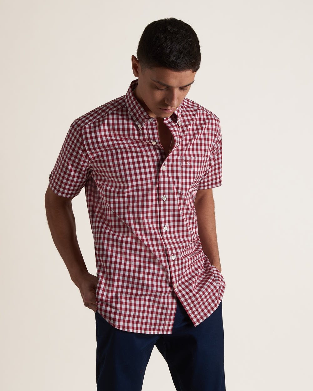 Camisas Ben Sherman Short Sleeve House Poplin Gingham Burdeos | HVEKJGW-24