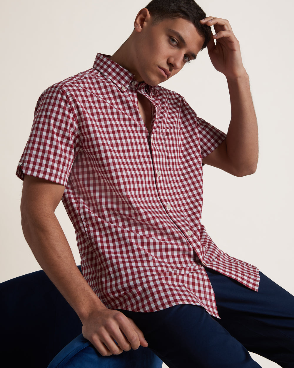 Camisas Ben Sherman Short Sleeve House Poplin Gingham Burdeos | HVEKJGW-24