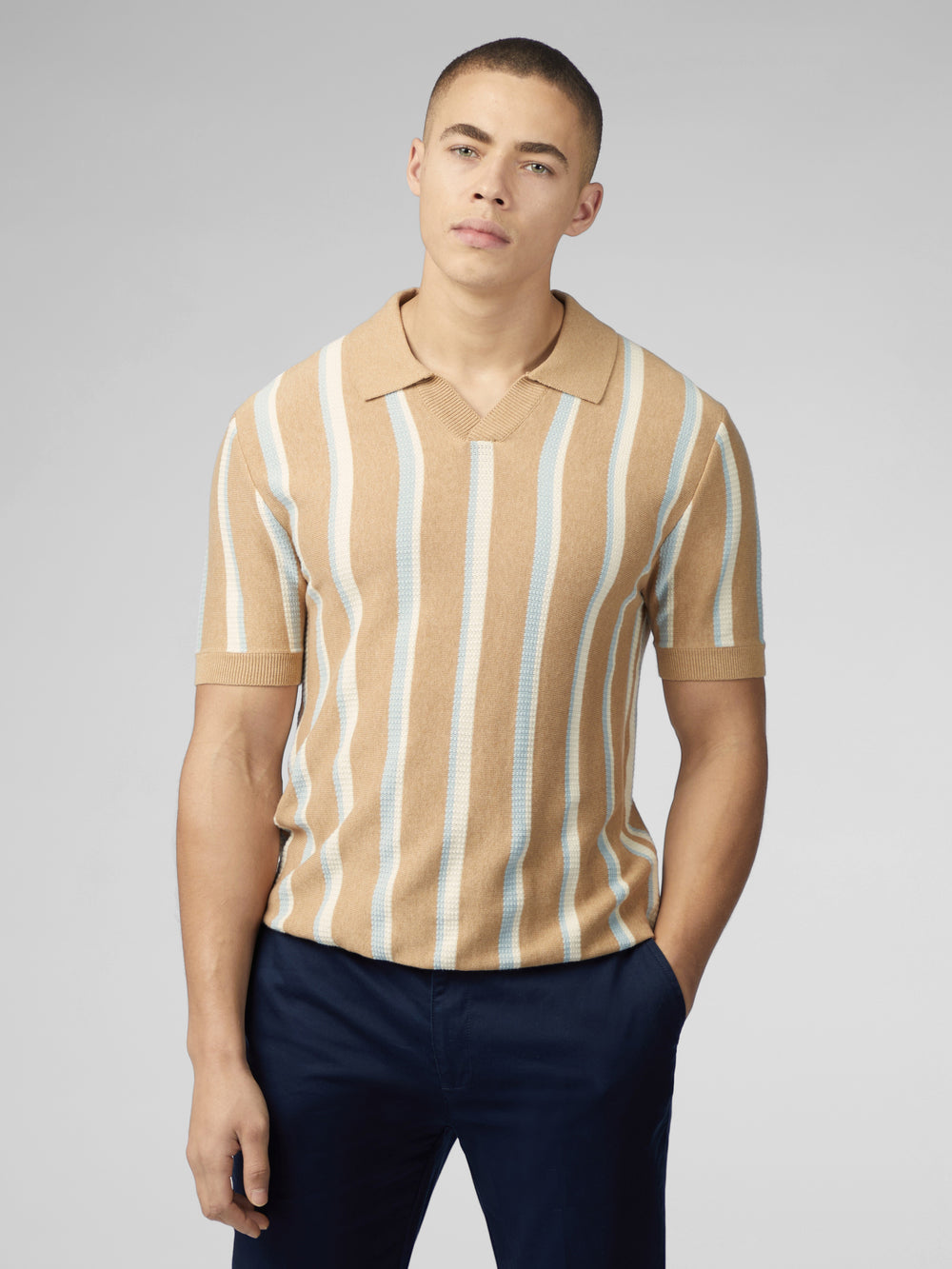 Prendas De Punto Ben Sherman Vertical Stripe Open Neck Polo Gris | ZLOCVDA-35